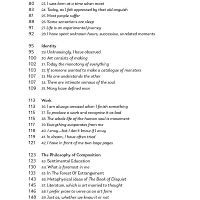 Printed table of contents page with text and section numbers in black serif font on white background