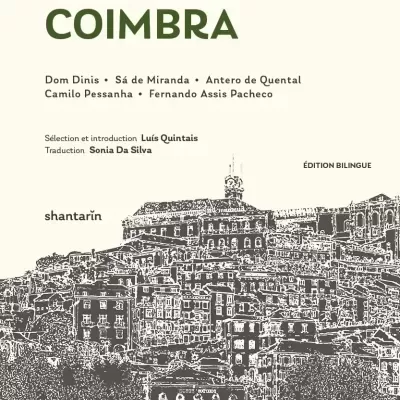 Cover of the book Cinco Poetas de Coimbra, featuring an illustration of the city of Coimbra