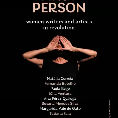 Book cover with title FIRST PERSON and list of women writers and artists names over a black background with person holding hands in triangle shape over face