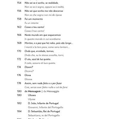 Página de texto bilingue com títulos e excertos em português e italiano