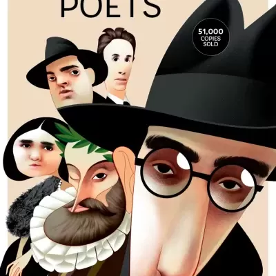 Book cover with stylized illustrations of people and the text LISBON POETS, BILINGUAL EDITION, and 51,000 COPIES SOLD