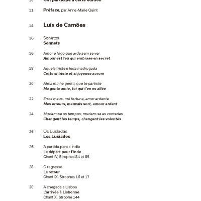 Página de sumário com texto em francês e português