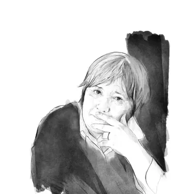 Black and white sketch of a person resting their face on one hand