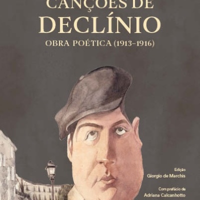 Capa do livro Canções de Declínio com caricatura e texto em amarelo