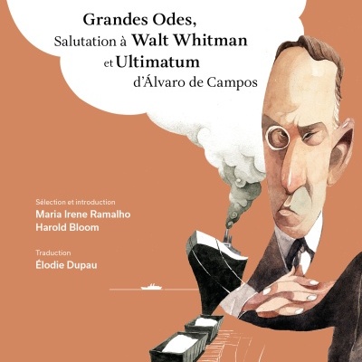 Capa de livro laranja com caricatura de homem e texto literário.