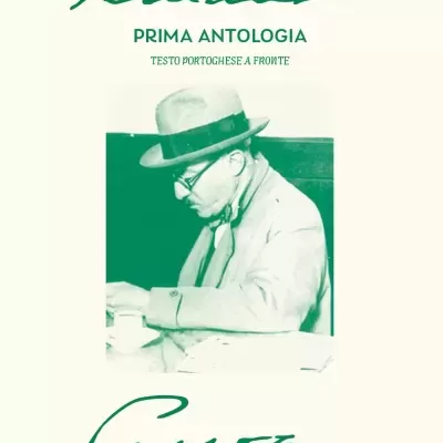 Book cover with green text and image of man in hat sitting at table