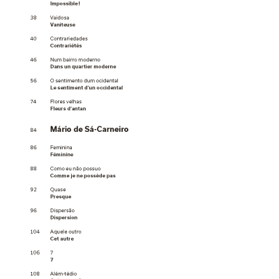 Página de índice com nomes de autores e títulos de poemas em português e francês