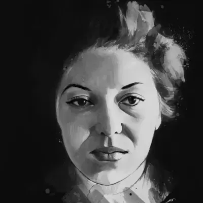Monochrome digital painting of a womans face with abstract ink splatters