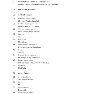Table of Contents page with bilingual literary titles and authors.