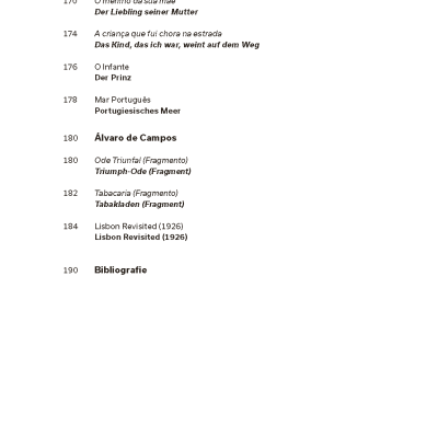 Página de livro com texto em português e alemão, títulos e números de página