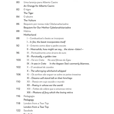 Bilingual table of contents page with numbered titles in Portuguese and English.