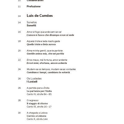 Página de índice listado do documento com títulos e subtítulos em português e italiano