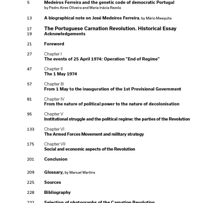 Índice de livro com títulos dos capítulos sobre a Revolução dos Cravos em português.