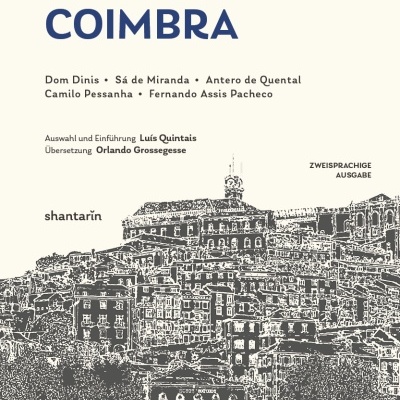 Book cover with title FÜNF DICHTER AUS COIMBRA and cityscape illustration