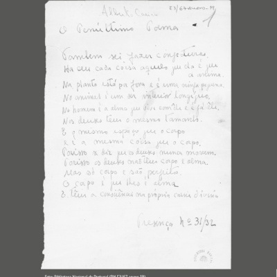 Texto manuscrito em português numa página branca com título 'O Gorrião Gama'.