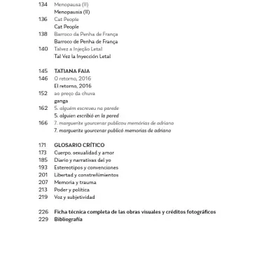 Printed list of titles and sections with page numbers in Spanish and Portuguese