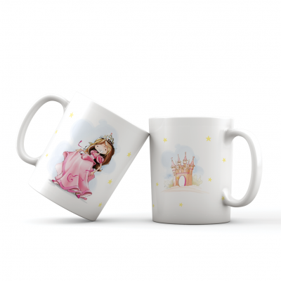 Duas canecas brancas com ilustracoes coloridas de menina e castelo