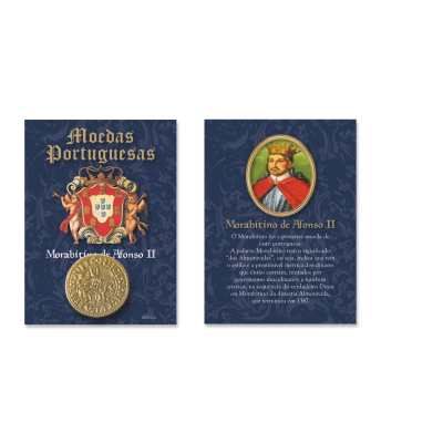 Moeda comemorativa de D. Afonso II com cartão azul e texto em dourado