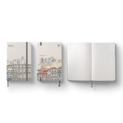 Conjunto de cadernos em capa dura com ilustrações da cidade e um aberto