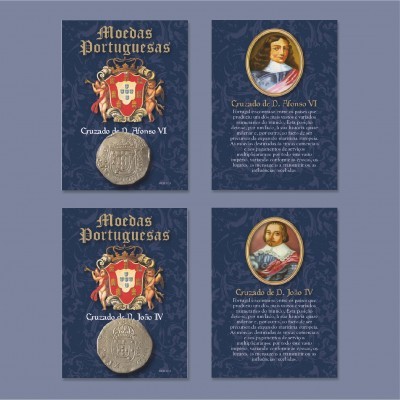 Cartas de colecionador com moedas portuguesas e detalhes históricos
