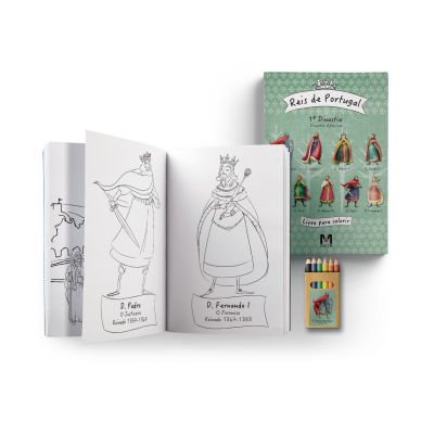 Conjunto de livro para colorir com figuras históricas e lápis de cor em embalagem com texto 'Raiz de Portugal'.