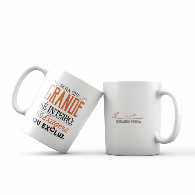 Duas canecas brancas com texto em português, uma colorida e outra em dourado, sobre fundo branco.