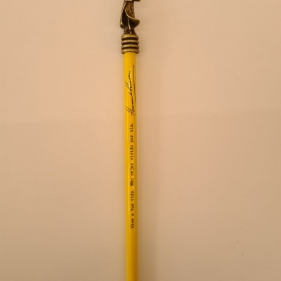 Lápis amarelo com figura humana metálica dourada no topo e texto em português impresso no corpo