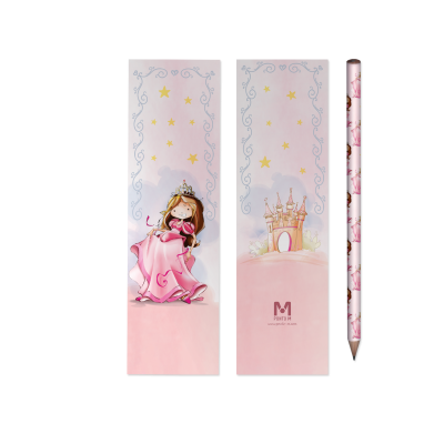 Marcadores de livros e lápis decorados com princesa, castelo e estrelas em tons rosa e azul claro.