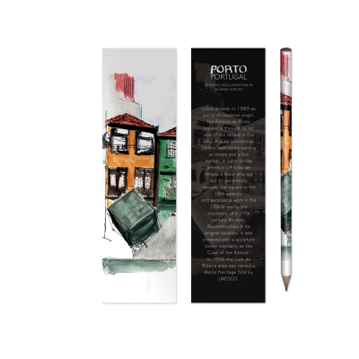 Marcador de páginas com ilustração, texto sobre Porto Portugal e caneta com padrão semelhante.