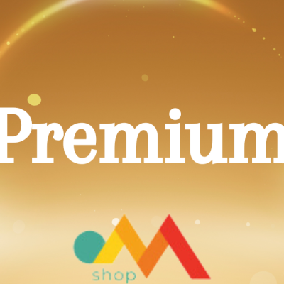 Gráfico dourado com a palavra 'Premium' e logotipo colorido 'shop M'