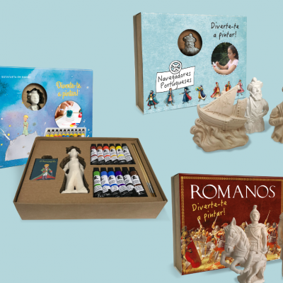 Kits de pintura com figuras de cerâmica histórica, tintas e embalagens coloridas