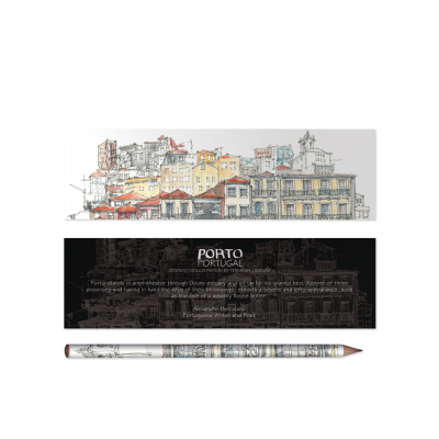 Estojo e lápis ilustrados com desenho dos edifícios de Porto, Portugal, com texto descritivo