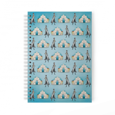 Caderno de espiral com capa azul e padrão de homem a caminhar e casas brancas