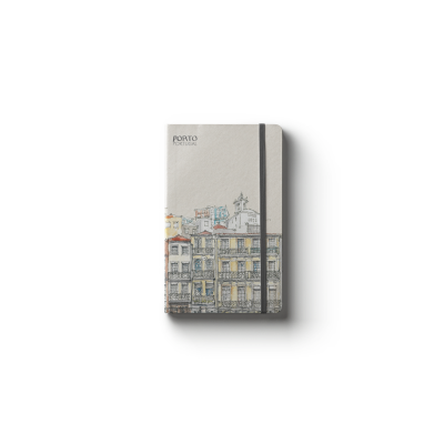 Caderno bege com ilustração de edifícios e elástico preto