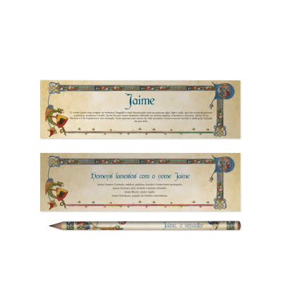 Conjunto com marcadores de livros e caneta com decoração medieval e texto em português