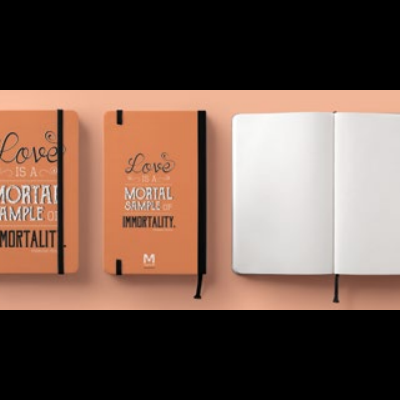Dois cadernos laranja com texto 'Love is a mortal sample of immortality' e página aberta em branco