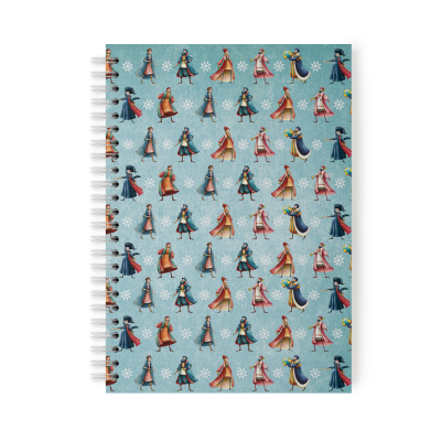 Caderno azul com padrão de personagens femininas ilustradas e espiral branca