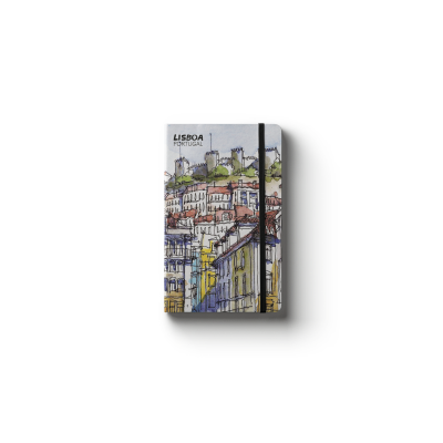 Caderno com capa ilustrada da cidade de Lisboa e elástico preto