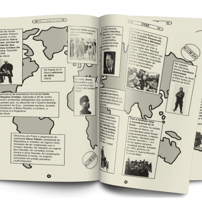 Livro aberto com mapas, texto e imagens em preto e branco