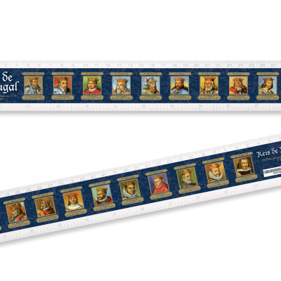 Duas réguas azuis com imagens de reis de Portugal e textos brancos