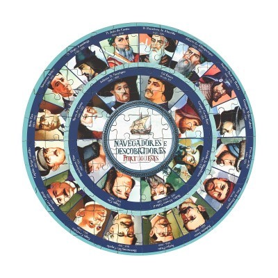 Puzzle circular com retratos de navegadores portugueses e navio central