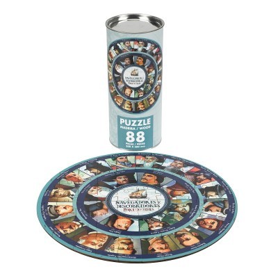 Puzzle circular de madeira com 88 peças e tubo azul claro com texto