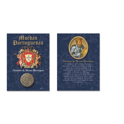 Cartas decorativas azuis com moeda antiga e texto histórico