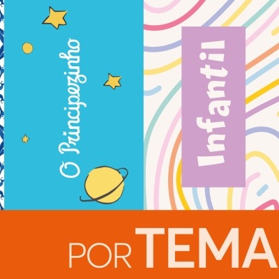 Quatro áreas temáticas com azulejos, planeta, infantil e rosto masculino, com faixa laranja texto POR TEMA