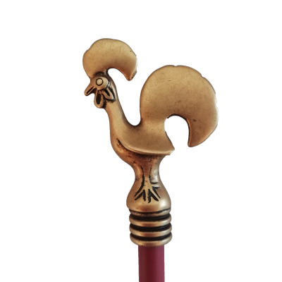 Marcador metálico dourado em forma de galo com cabo vermelho