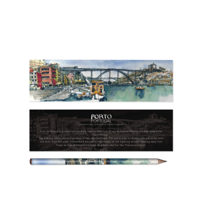 Caneta com design panorâmico da cidade do Porto, Portugal, e Ponte Dona Maria Pia em fundo