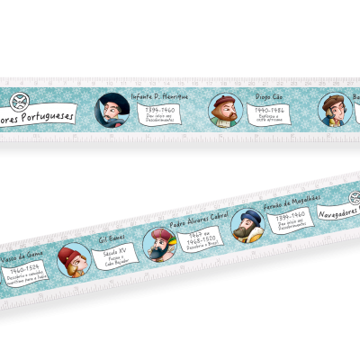 Duas réguas temáticas sobre Navegadores Portugueses com ilustrações e informações históricas.