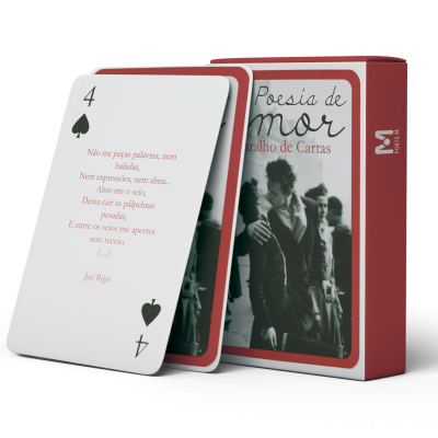 Baralho de cartas Poesia de amor com caixa vermelha e carta 4 de espadas