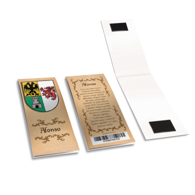 Três marcadores de livros em papel kraft com brasões coloridos e texto decorativo sobre fundo branco