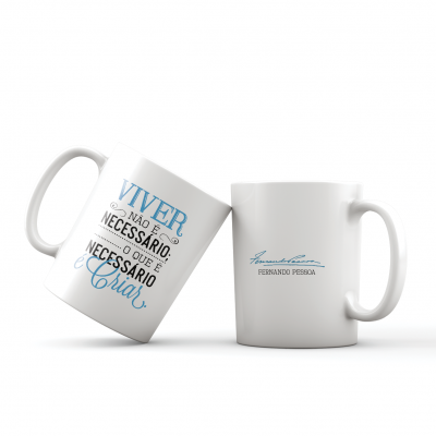 Duas canecas brancas com textos em português em fundo branco